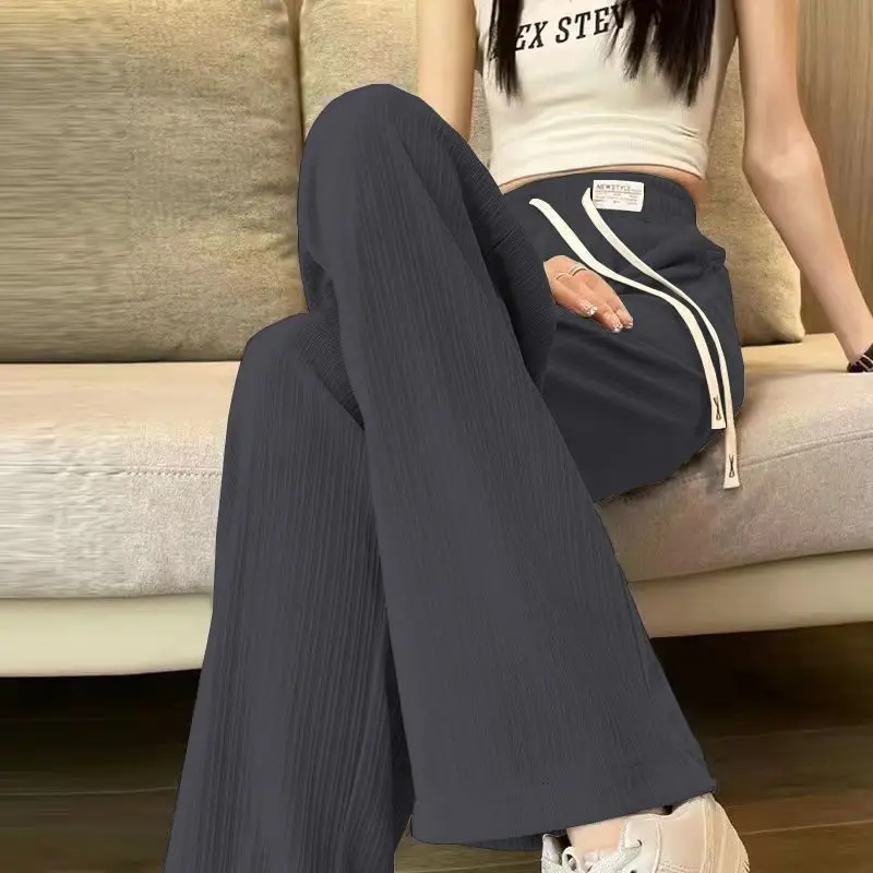 Chinese Style Wide Leg Pants Women's Summer Thin Ice Silk Elastic Loose Casual Trousers High Waist Long Pants Polyester Fiber