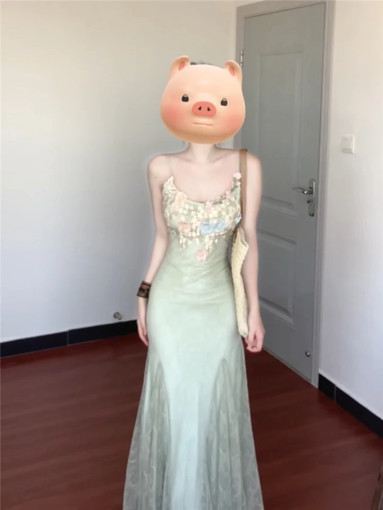 Estilo francês verde floral renda malha cinta de espaguete vestido para as mulheres verão puro desejo elegante fino ajuste sereia bodycon vestido