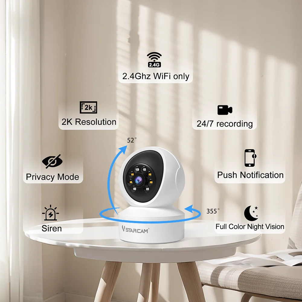 كاميرا مراقبة داخلية Vstarcam للمنزل 360 °   تغطية اللون للرؤية الليلية 2-Way كشف الحركة الصوتية تخصيص المنطقة