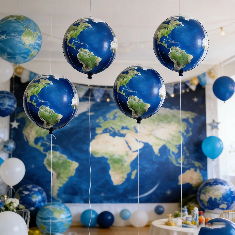 4 globos de 22 pulgadas con mapa del mundo 4D, decoraciones para el Día de la Tierra, suministros para fiestas de cumpleaños con temática de viajes por el mundo