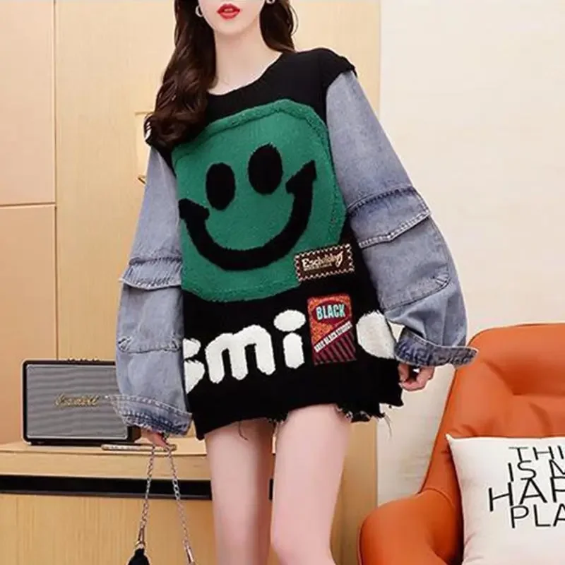 Novo outono inverno oversize roupas femininas denim emendamento suéter casacos de malha pulôver moda coreana tricô topos