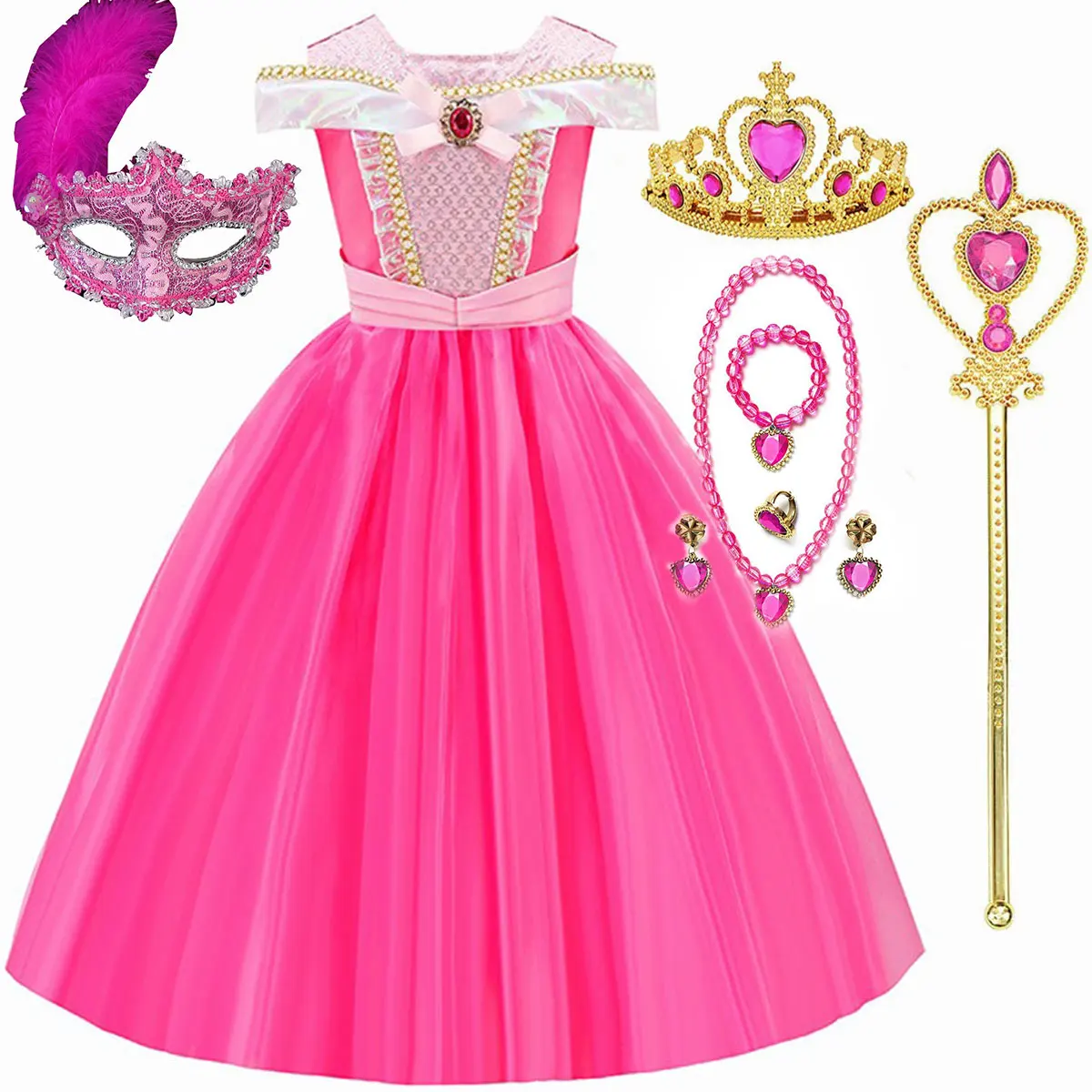 Meisjes Slapende Schoonheid Aurora Prinsessenjurk Halloween Cosplay Kostuum Off Shoulder Kinderen Fancy Party Kinderkleding 4-10 Jaar