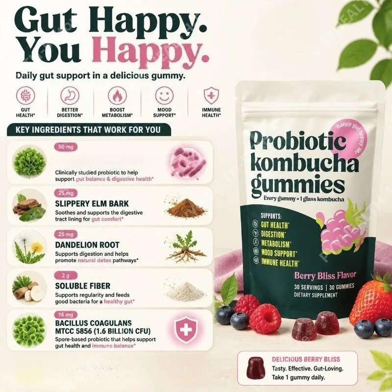 Probiotic Kombucha Gummies 30 Count with Prebiotic Fiber, Dandelion Root & Slippery Elm, Pectin Based Berry Flavor Daily Support