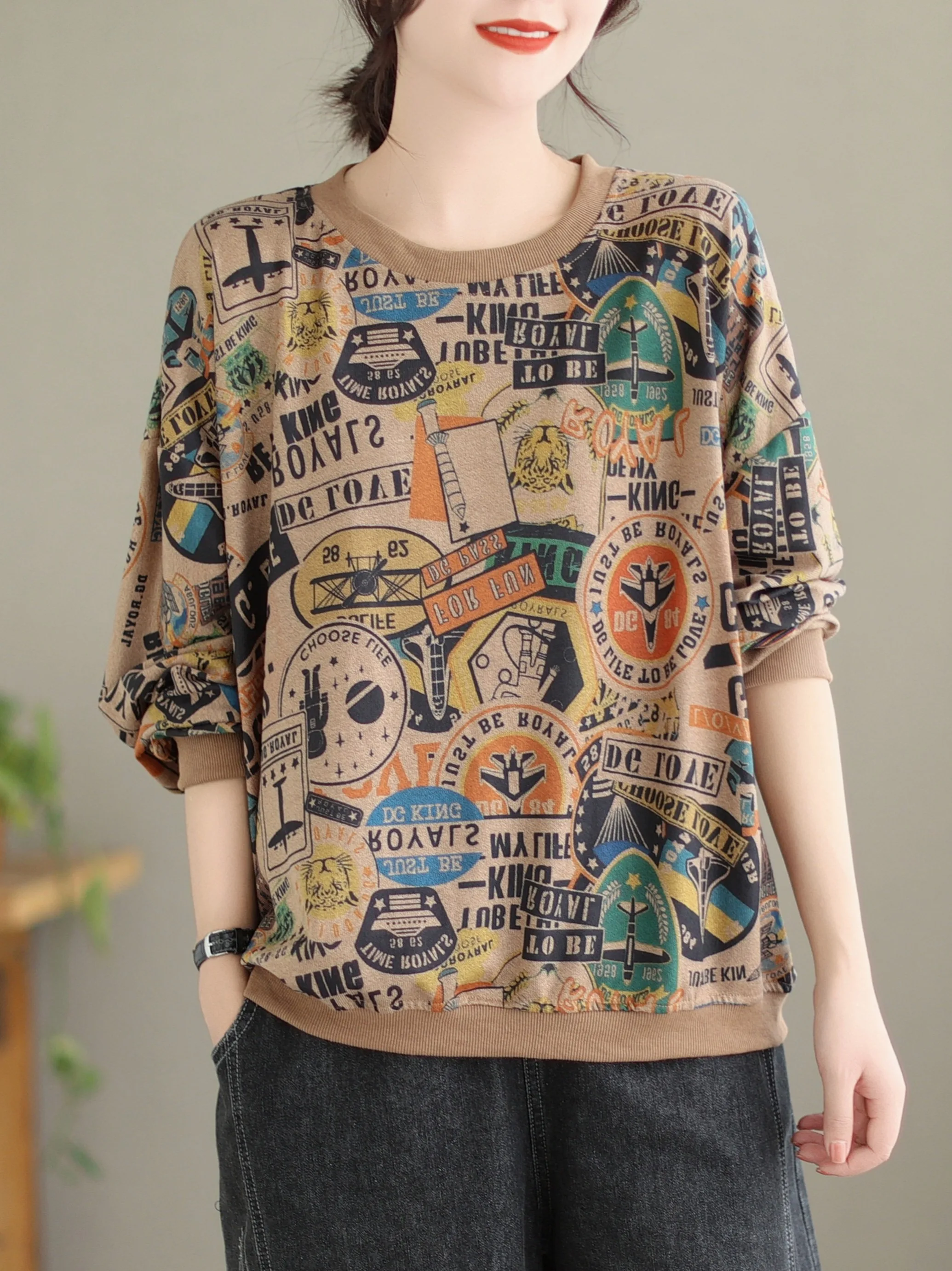 

Slimming Knitted Long Sve T-irt Ethnic Print Casual Boting irt Top for plus Size Women Spring Faion Retro Sle