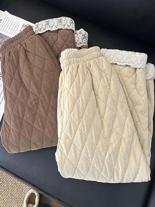 

Брюки Харлан больших размеров, женские зимние теплые хлопковые брюки с ромбовидным узором, повседневные прямые брюки с высокой талией