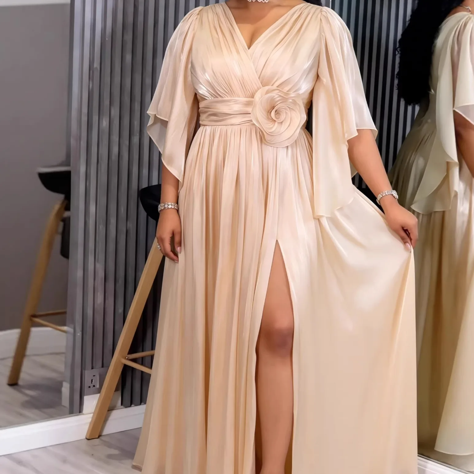 

Africa Clothing Women Pleated Dresses V Neck Irregular Sleeves 3D Flower Waist Front Slit Party Evening Weddings Guest Gowns