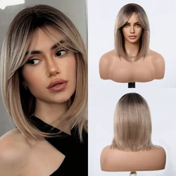 Brown Ombre Short Straight Synthetic Natural Wigs For Women With Eight Character Bangs For Party Daily Use Heat Resistant Hair
