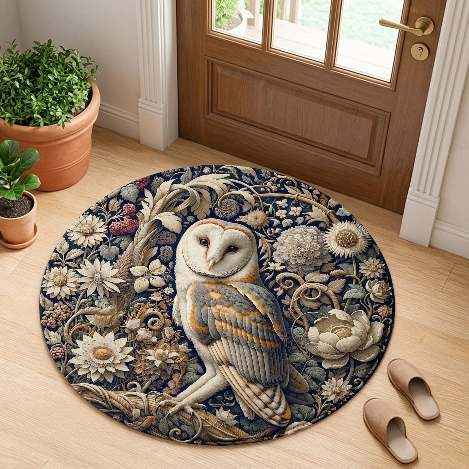 Vintage Barn Owl Wildflower Botanical Garden Pattern Holiday Luxury Round Mat Elegant Area Rug Home Decor