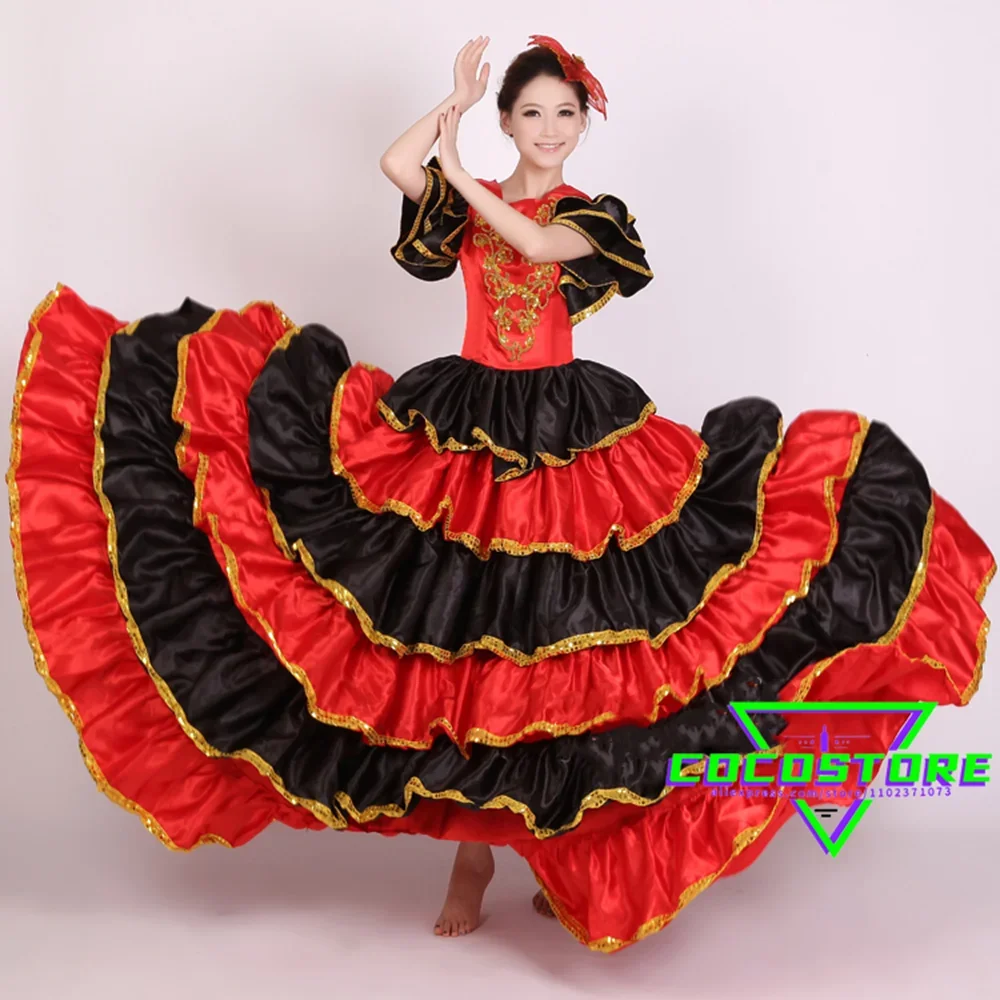 Nuevo traje de baile para mujer gitana, falda de Flamenco español, vestido de falda completa de baile abierto, traje de baile de actuación de escenario español