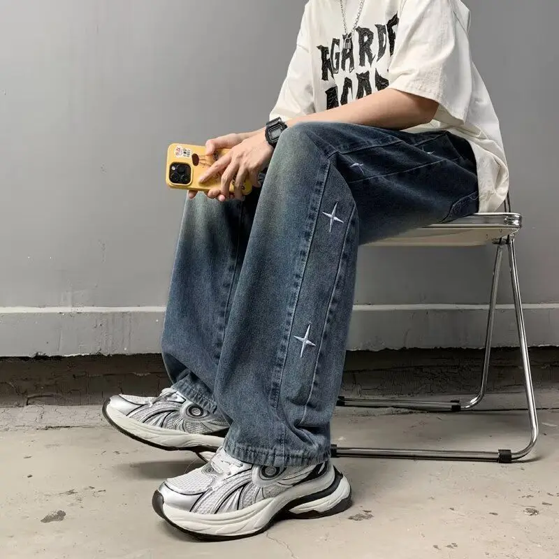 Spring and Autumn Embroidered Jeans Men's Loose Gradual Change Straight Trousers Drawstring Drape Casual Wide-leg Baggy Trousers