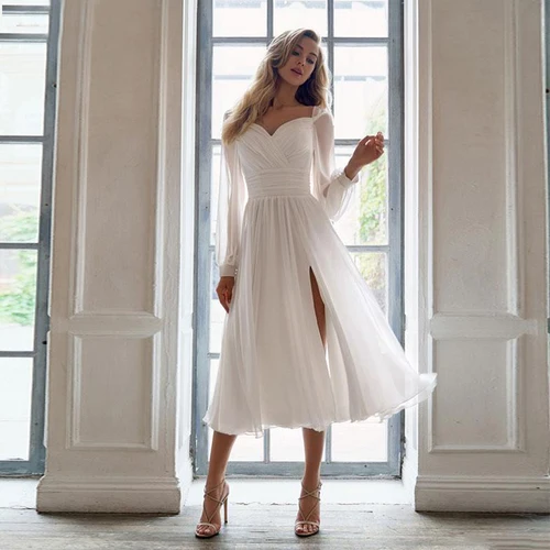 Vestido de novia sencillo de gasa hasta el té, escote en forma de corazón y manga larga, vestidos de novia con abertura lateral, Sexy, sin espalda, plisado, personalizado