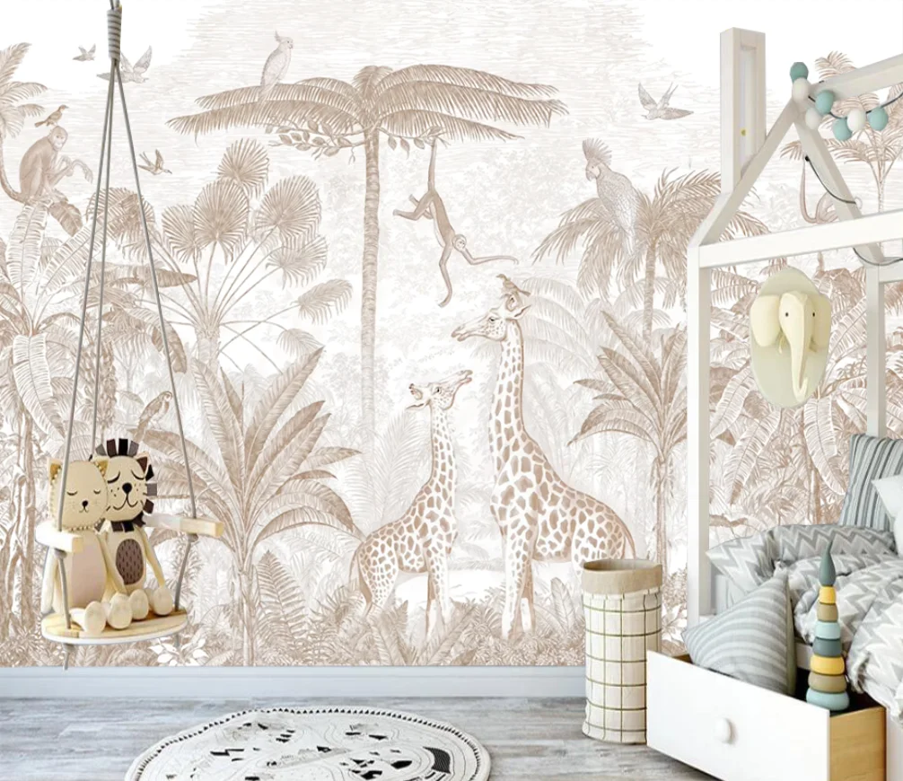 Custom mural wildlife tropical rainforest palm background wall Giraffe monkey cheetah jungle decorative painting 3d wallpaer