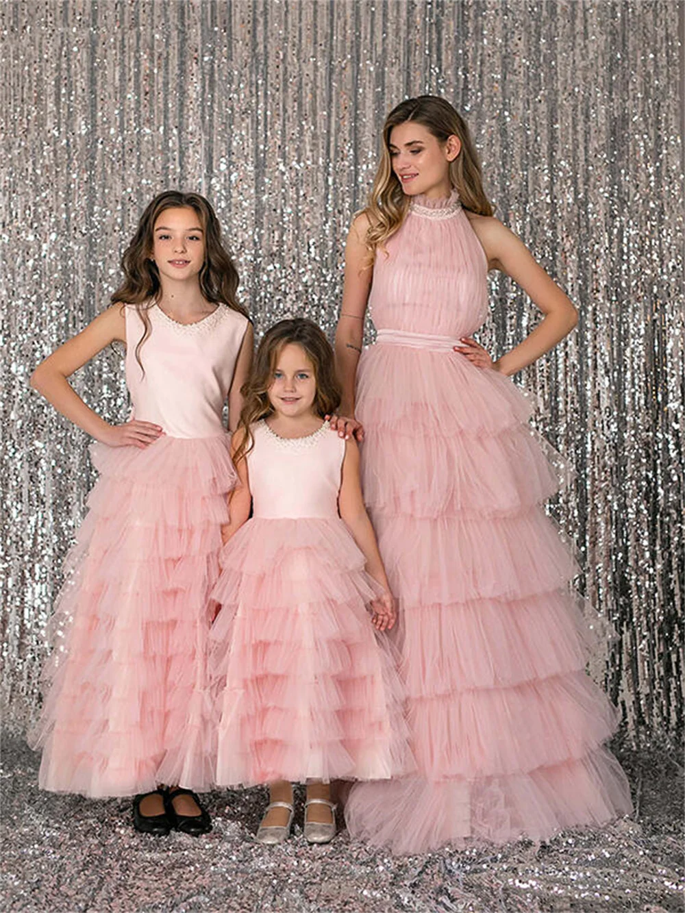 Princess Pure Color Tulle Flower Girls Dresses Sparkly Cascading Ruffles A-Line Sleeveless Mother And Daughter Party Ball Gowns