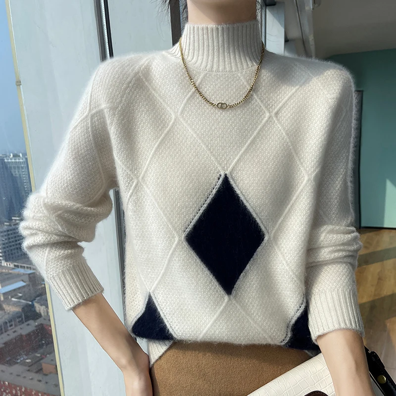 Winter new women\'s sweater 100% pure sweater thick turtleneck pullover color matching diamond cashmere sweater top.