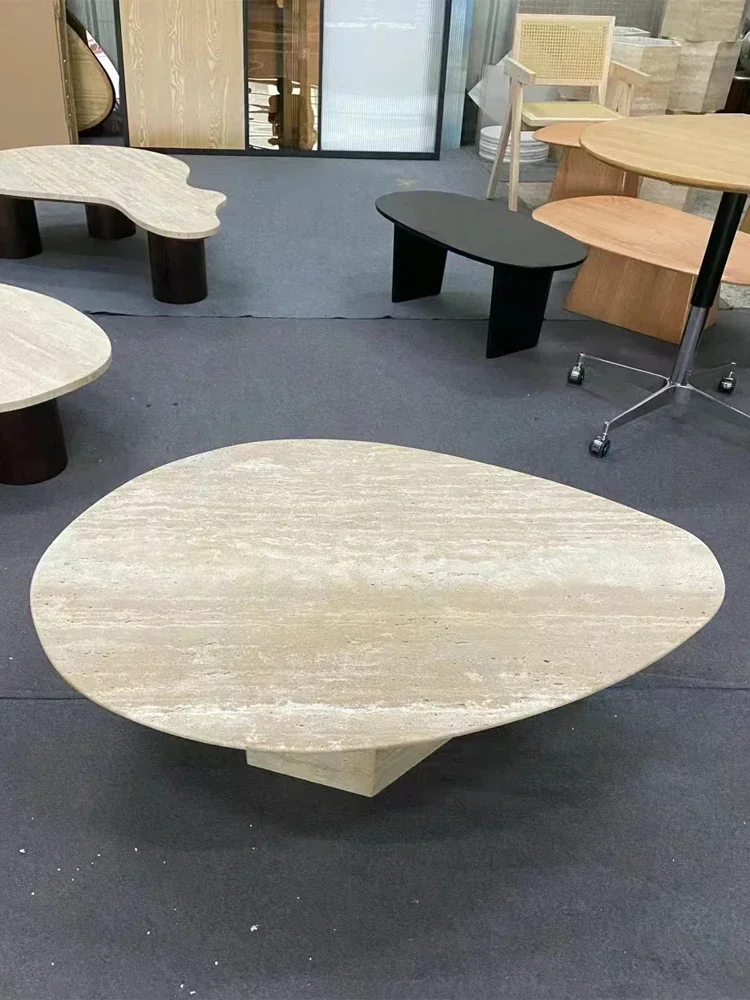 

Light luxury, high-end natural travertine coffee table, living room, home marble, oval low , small apartment, coffee