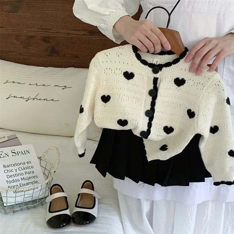 2024 Baby Girl Fall Clothes Black and White Stitching Heart Pattern Knit Sweater Cardigan Black Skirt Sets Cute Outfit Set 2-7y