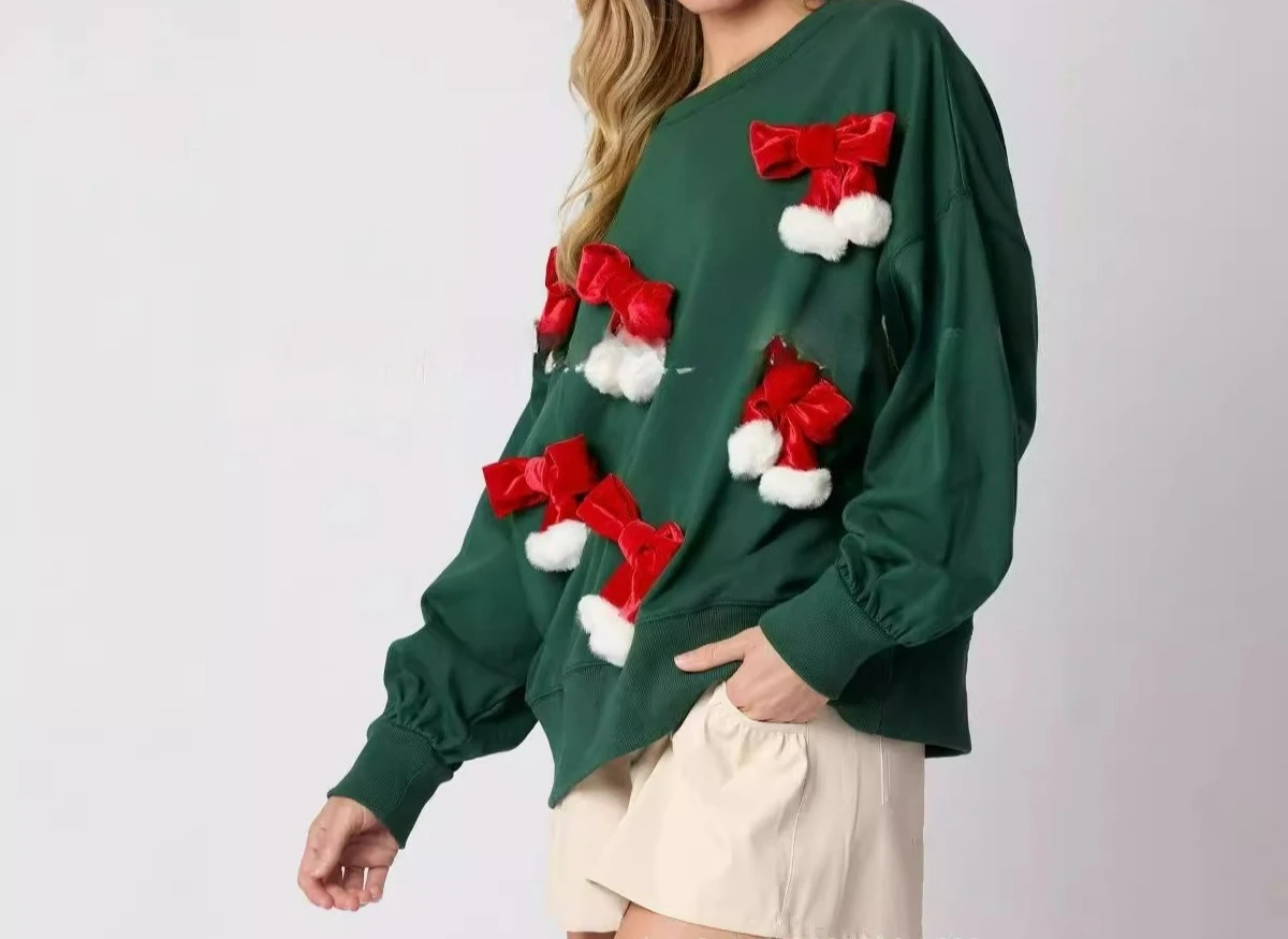 2025 Autumn and Winter New Bow Decoration Top Casual Long Sleeved Pullover Hoodie