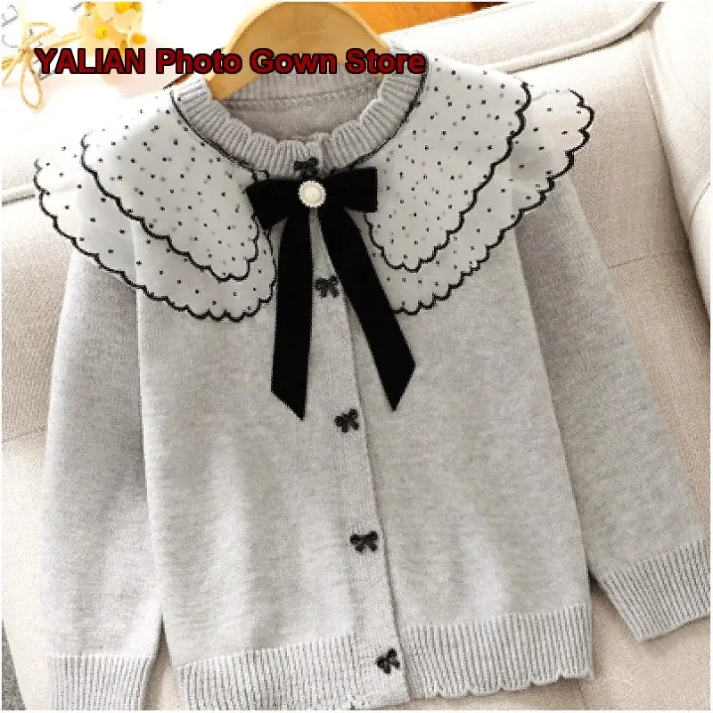 Girls Knit Cardigan Kids Autumn Spring Round Neck Long Sleeves Lace Trimmed Top