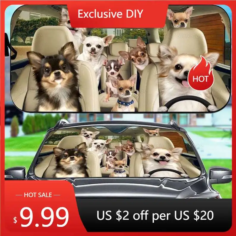 

Funny Chihuahua Car Sunshade, Dogs Family Sunshade, Dog Car Accessories, Car Decoration, Gift For Dad, Mom, Gift Owner Dog LNG18