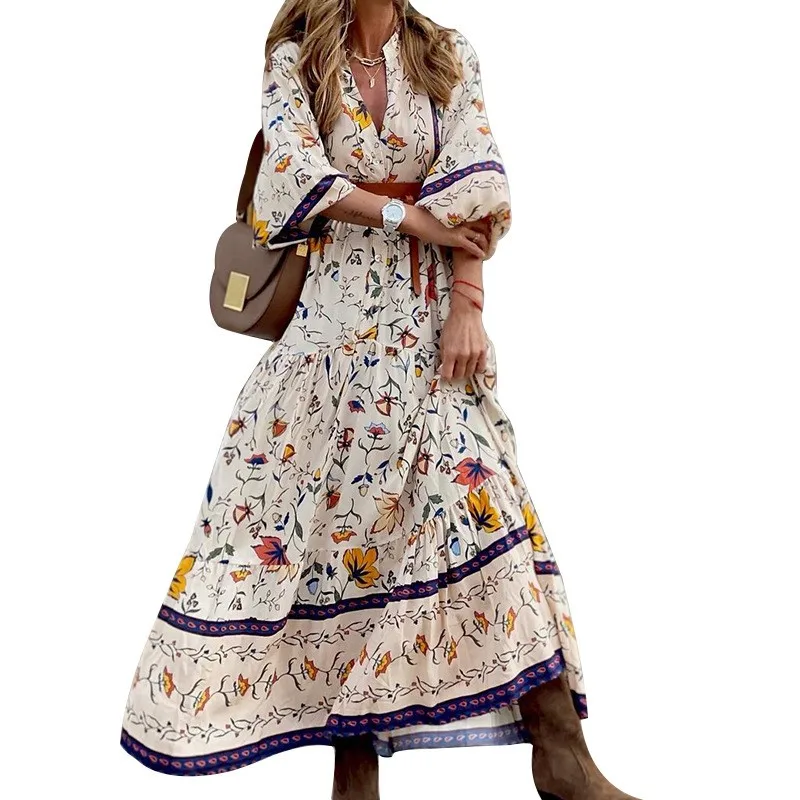 Neue Mode Druck Boho Lange Kleid frauen Herbst Winter Sexy V-ausschnitt Sieben Viertel Hülse Casual Bequeme Lose Elegante Kleid