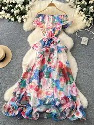 Elegant Big Size Floral Chiffon Long Dresses Women Summer Loose Sexy Ruffles Bright Faux Silk Midi Evening Party Print Dress