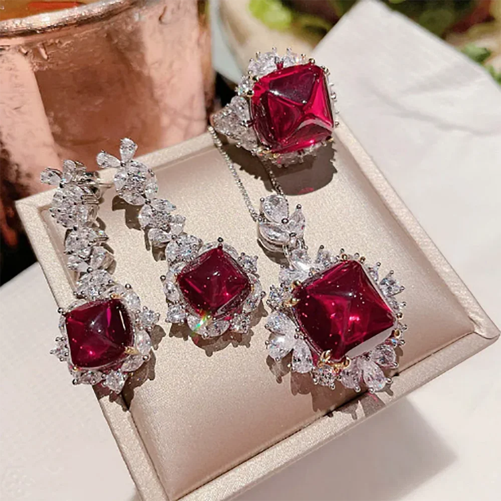 

Fashion Sapphire Jewelry for Women Platinum Plating Princess Cut Gemstone Wedding Ring Earring Necklace Set