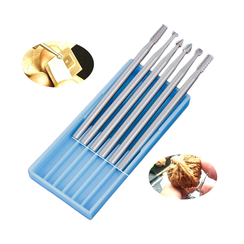 6 Pieces Mixed Tungsten Steel Burs for Stone Jade Walnut Carving Shank 2.35mm High Speed Drills Jewelry Engraving Tools