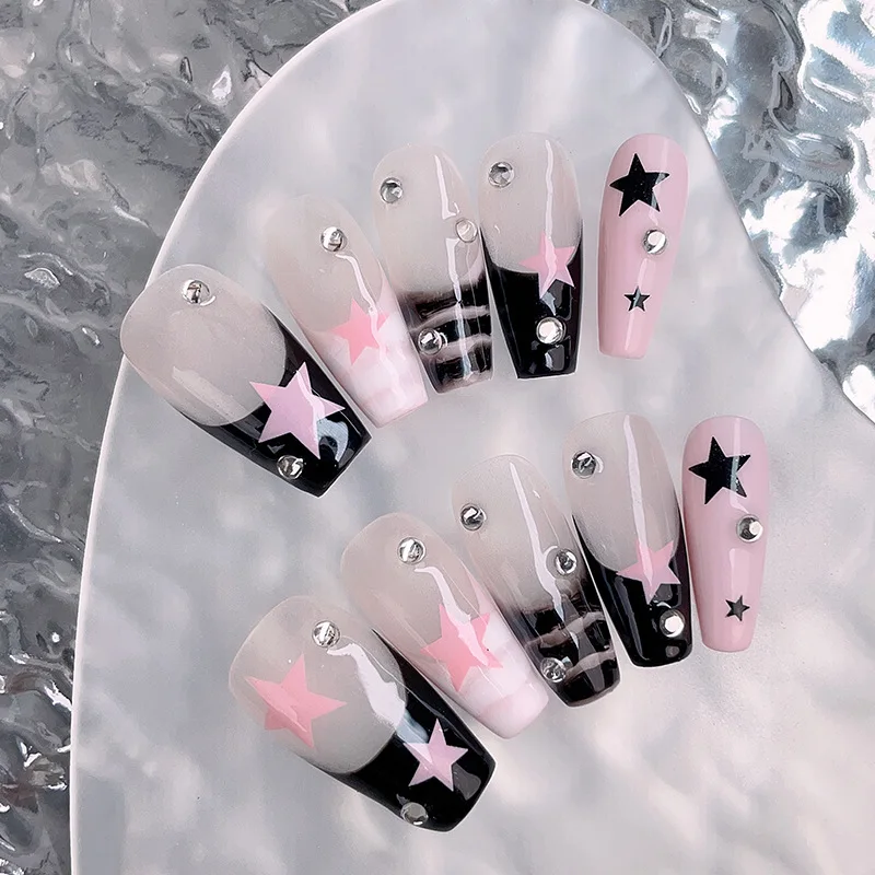 

10PCS Sweet Cool Coffin Handmade Press on Nails Black Pink Star Retro French False Nails with Diamonds Wearable Simple Fake Nail