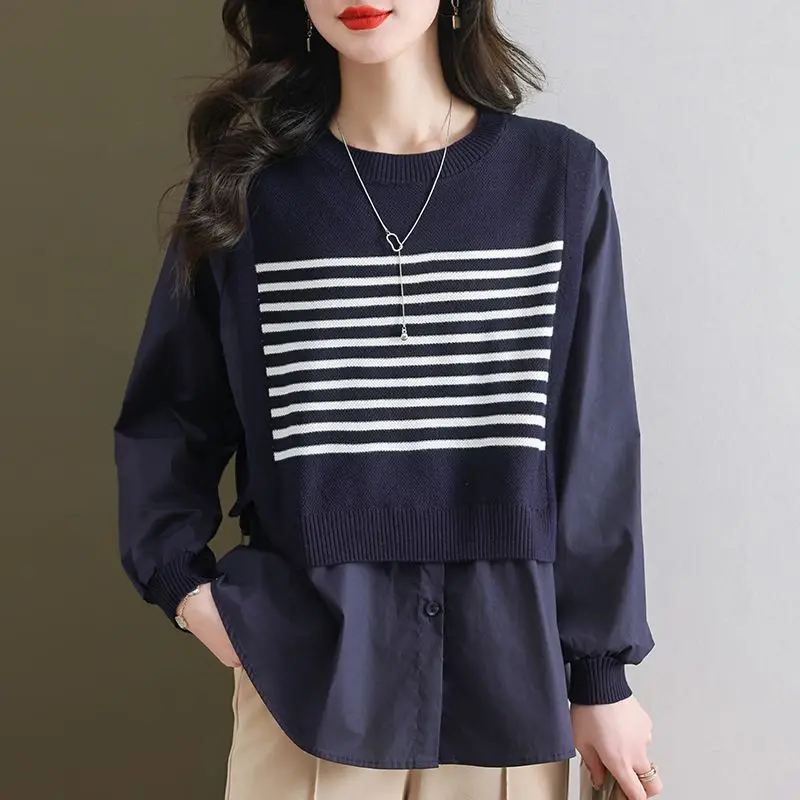 Fake Two Women's Tops Long Sleeved Shirt Collar Loose Korean Version Sweater Wearing a Knitted Sweater Outside