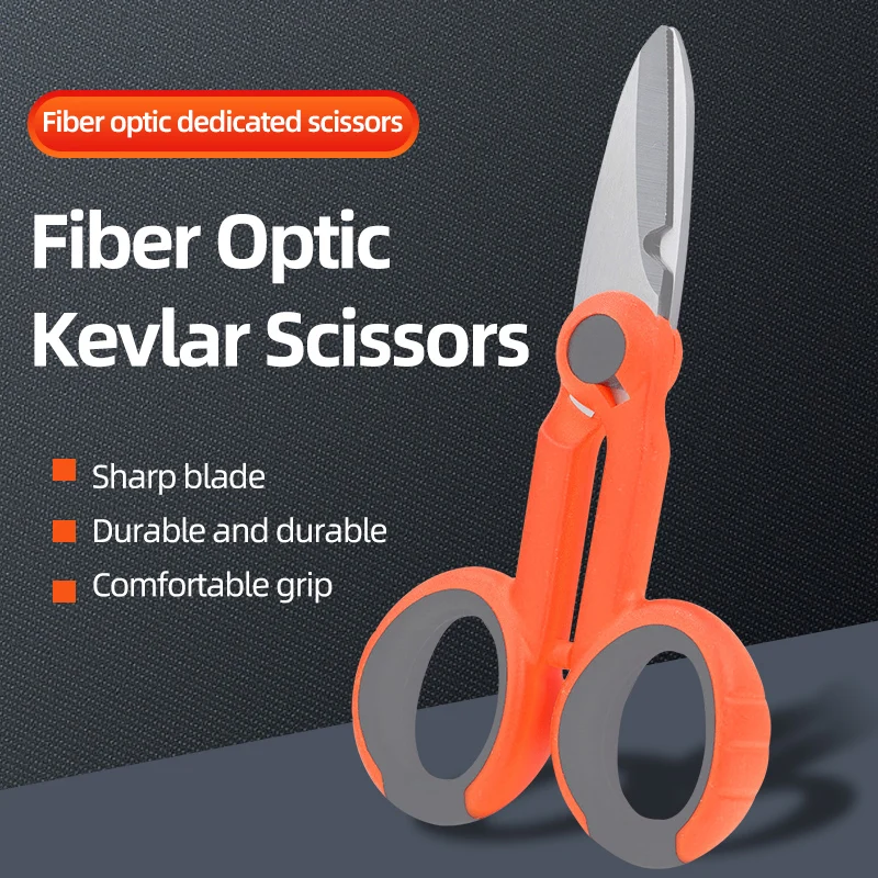 Fiber Optic Kevlar Scissors 3Cr13 Stainless Steel Serrated Blade Anti-Slip Handle for FTTH Network Cable Electrical Wire Cutting