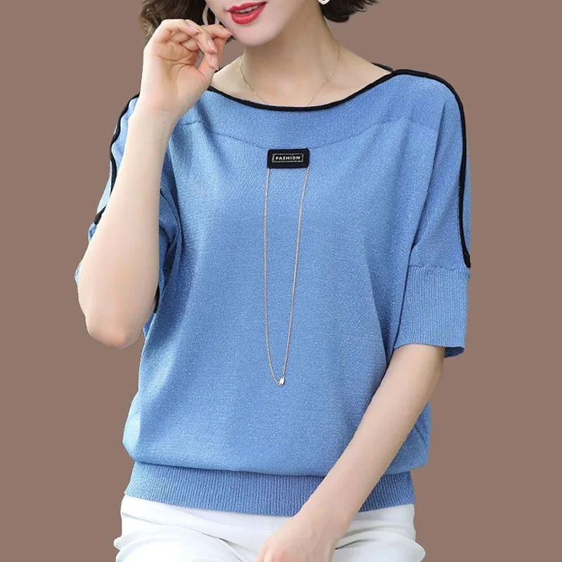 Simplicity Commute Short Sleeve Solid Color T-shirt Women's Clothing Summer Loose Chic Chain Spliced Casual Thin Tops Female