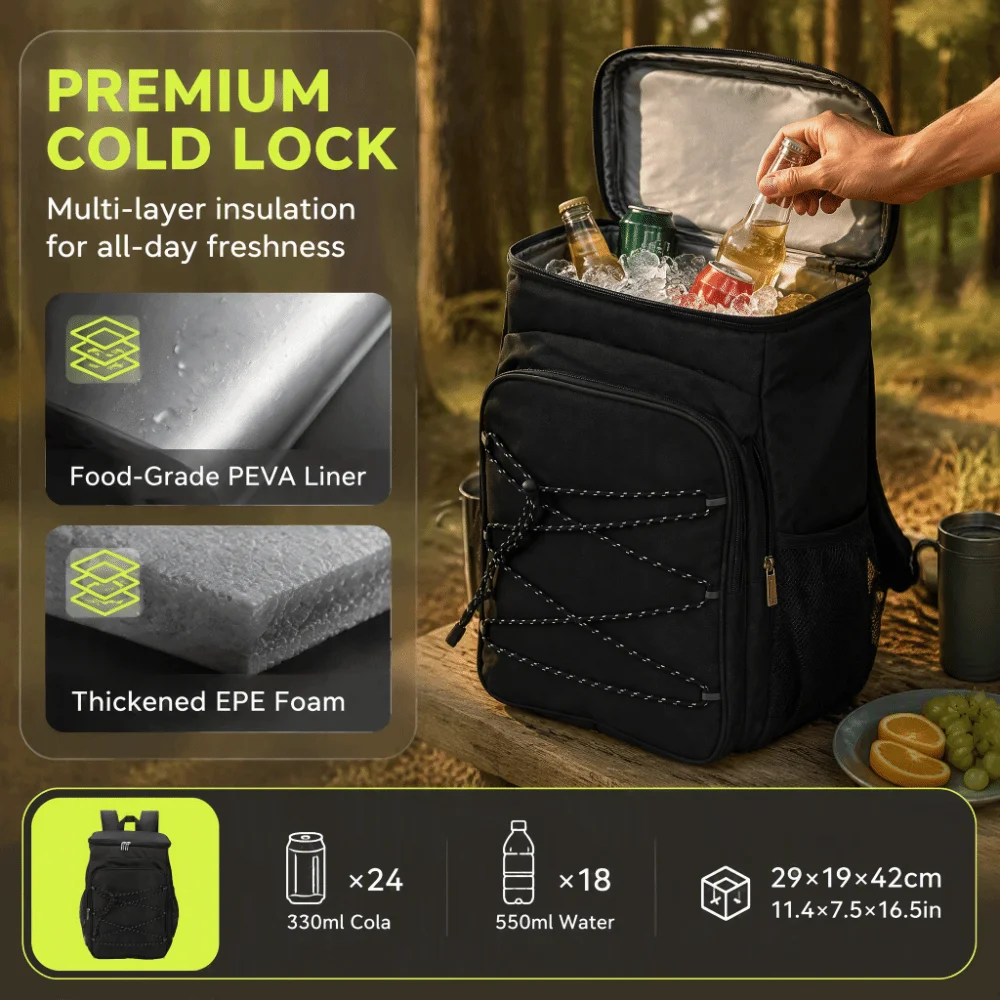 Oxford Cloth and PEVA Insulated Backpack Black Chest Buckle Straps Cooler Backpack Side Pockets Insulated Cooler Bag