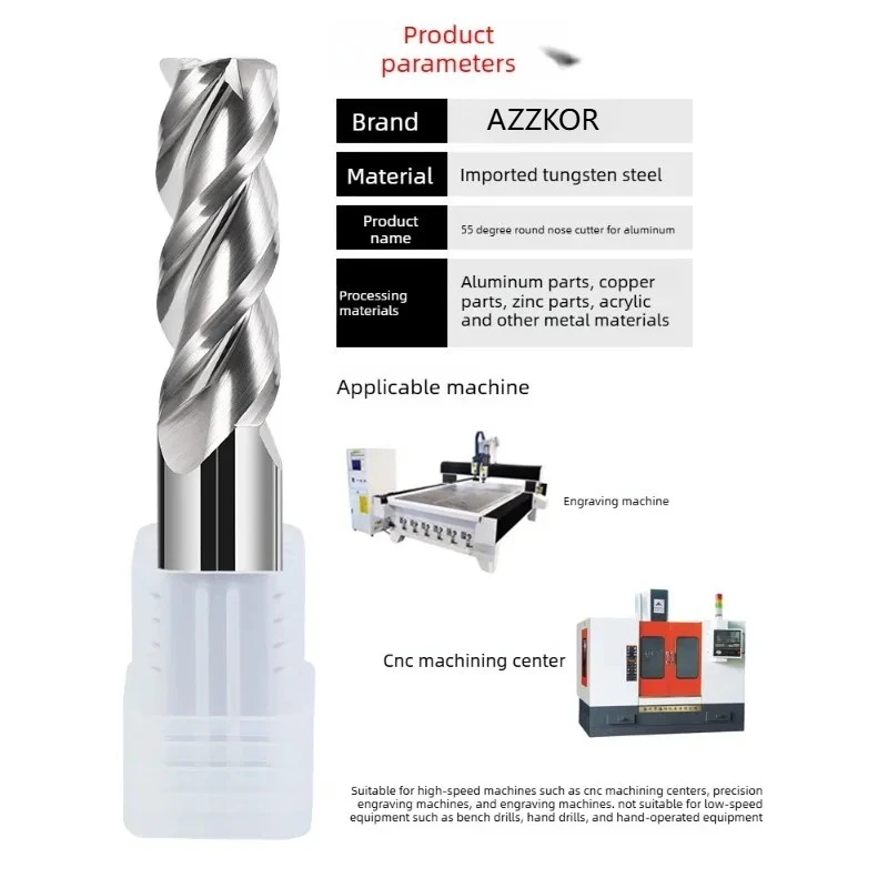 AZZKOR  HRC55 3 Flutes Solid Carbide Corner Radius End Mill High Gloss Aluminum Alloy Extended R Angle Bull Nose Milling Cutter