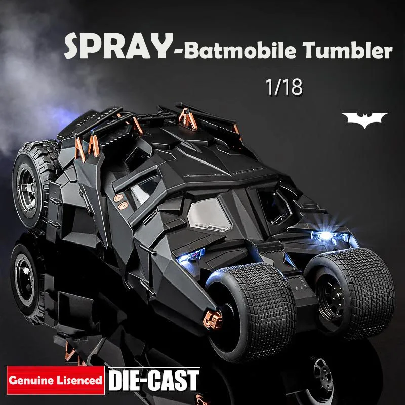 Spray Diecast 1:18 Batmobile Tumbler Alloy Car Model Metal Toy Vehicle Sound Light Toys Kids Birthday Gift Collection Home Decor