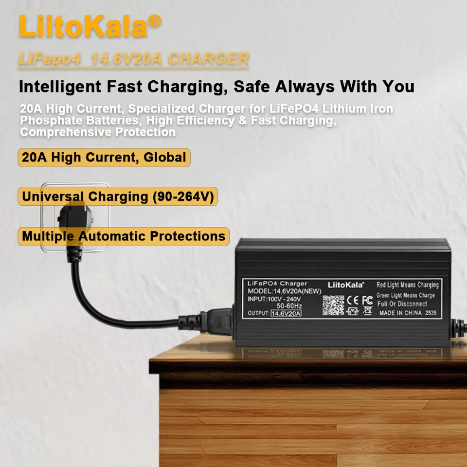 شاحن Liitokala 14.6 فولت 20 أمبير LiFePO4 12 فولت مع مشابك تمساح، مدخل AC100-240V لشاحن 4S LiFePO4 12 فولت - 2