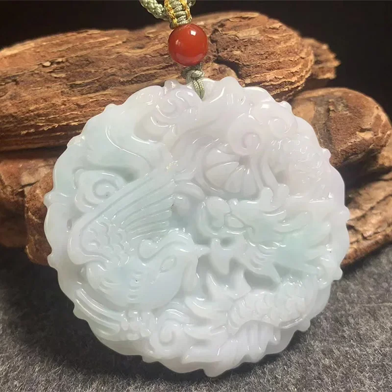 Natural Myanmar Jadeite Dragon Phoenix Jade Pendant Jewelry Lucky Exorcise Evil Spirits Safety Amulet Jade Pendant Fine  Jewelry