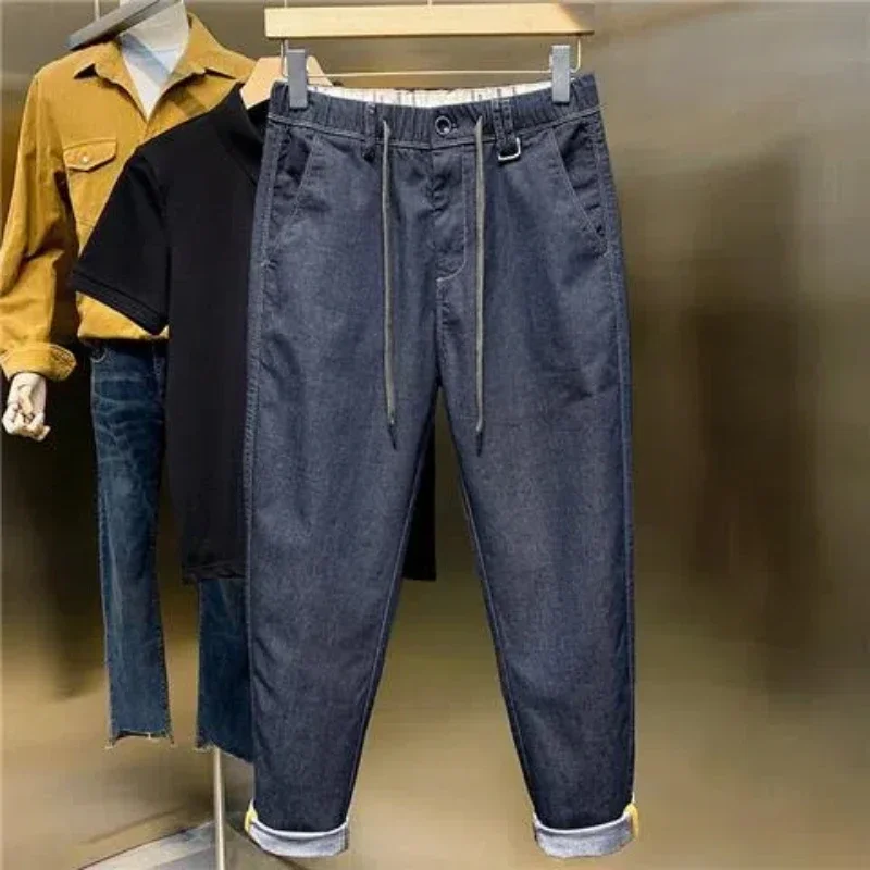 Spring Autumn Crotch Pants New Fashion Solid Color Elastic Waist Jeans Men's Clothing Drawstrings Pockets Chaopai Casual Loose