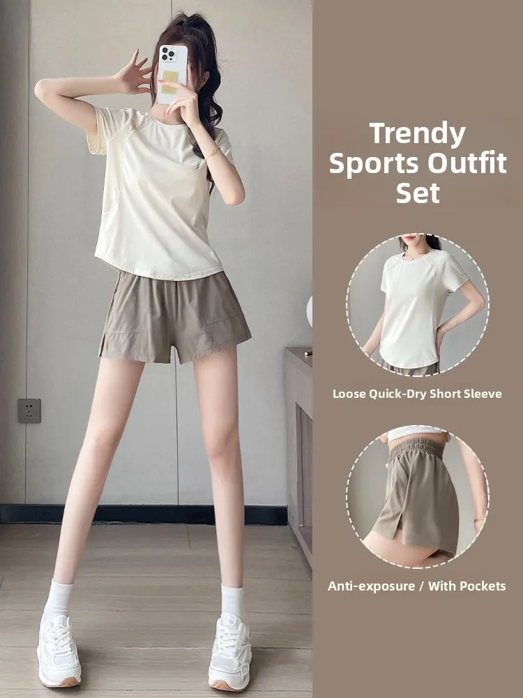 

Qui Dry Thin Running Sport T-shirt orts Set Летняя женская свободная дышащая футболка для йоги Fitn ort Sve Комплект из двух предметов