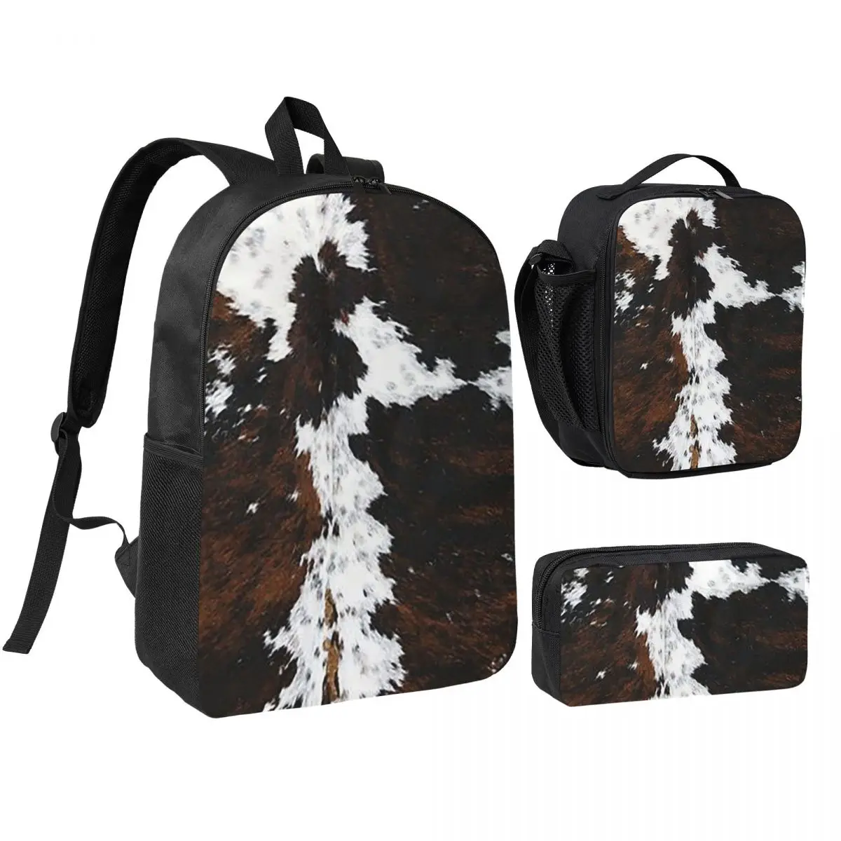 

Stylish Cow Fur Cowhide Texture Cow Skin Print Backpack BookBag School Bag Shoulder Bags 3ps Insulated Lunch Bag Pencil Case