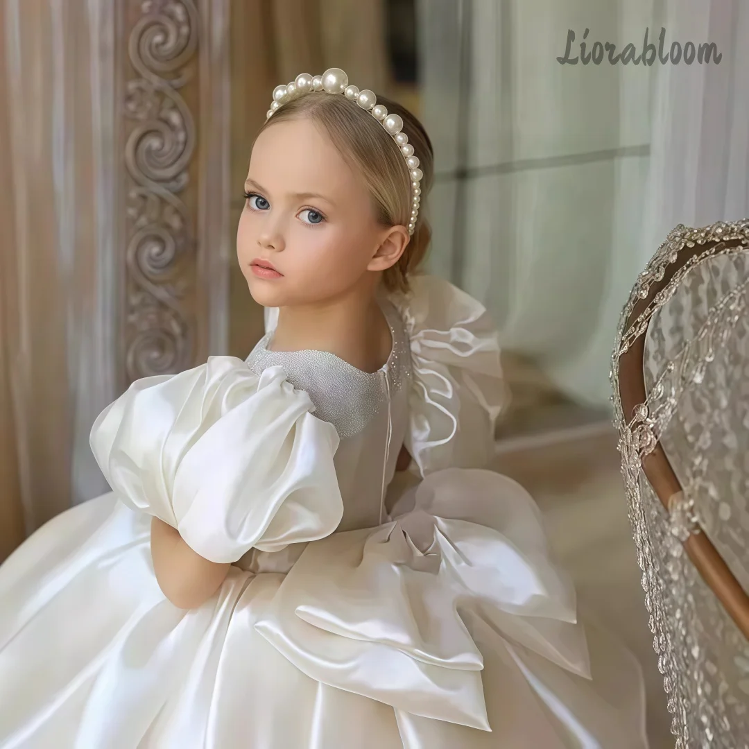 Champagne Satin Flower Girl Dress for Wedding Toddler Kids Puff Sleeves Tulle Ball Gown with Lace Trim Vintage Princess Dress