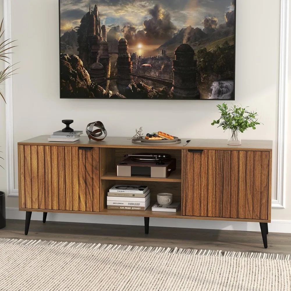 

Fluted TV Stand, Mid Century Modern TV Stand for 55/60/65 inch TV, Entertainment Center with Fluted Door Cabinets and Open Shelv