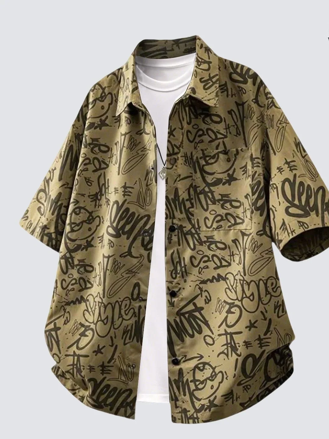 Loose Men's Short Sleeve Shirt Letter Print Ice Silk Lightweight Summer Thin Style Polyester Fiber Breathable Cool Feeling Ca...