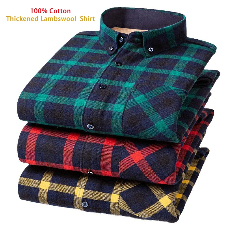 2026 Winter 100% Cotton Lambswool Shirt for Men,Multi-Color Fashion Casual Fleece-Lined Thickened Plaid Warm Mens Shirts/Camisas