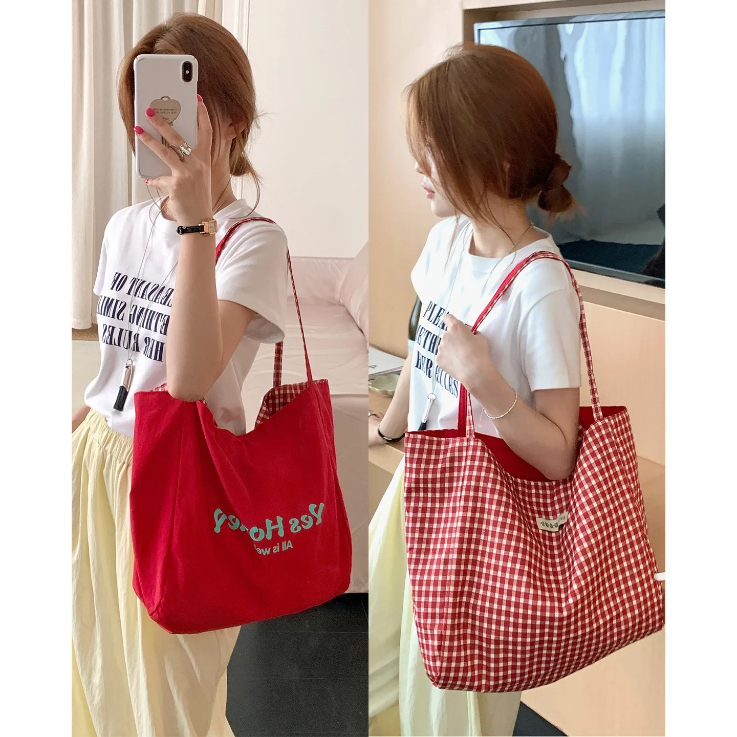 Canvas handbag with large capacity, open check, contrasting color, double-sided usable shoulder bag, commuter lady tote bag