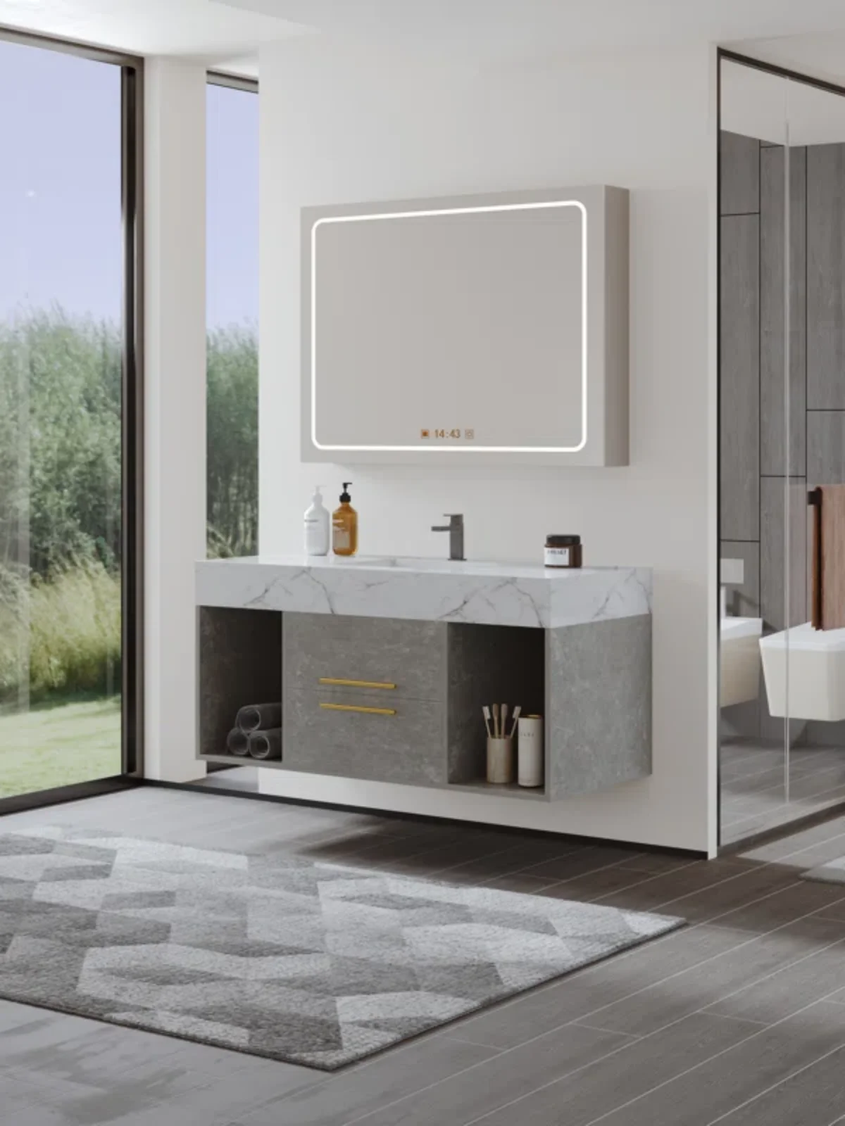 Wall mounted single bathroom dressing table easy to clean and install with artificial marble countertop