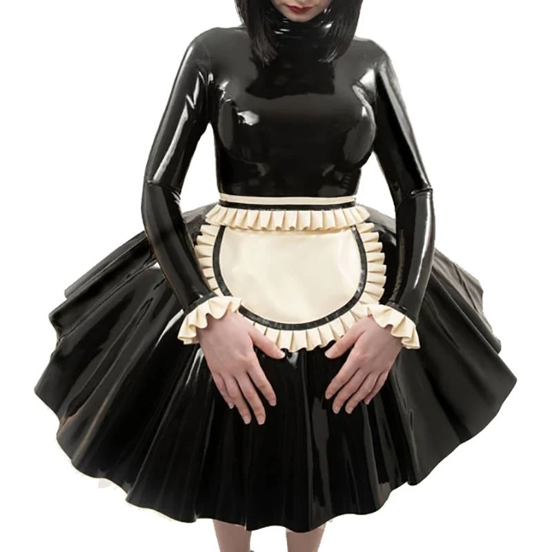 Black And White Sexy French Maid Latex Dress With Ruffs Cuffs Half Apron Zipper Back Rubber Lolita Uniform Outfit Playsuit 251