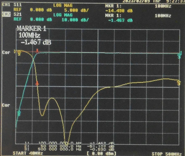 100MHz 7th-order high-pass filter, discrete LC components, small volume, SMA interface