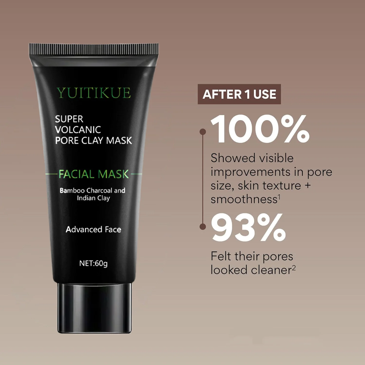 YUITIKUE Mascarilla de arcilla de poros súper volcánica 60 g - Carbón de bambú y arcilla india, Resultados de 100% de poros en 1 uso, fórmula de 4 libres ​