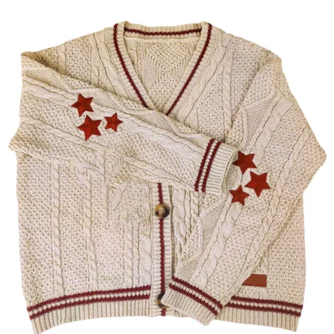 Beige Folklore Cardigan Women Letter Patch with Star Embroidered Knitted Sweater Female Winter Autumn Casual Oversized Cardigans