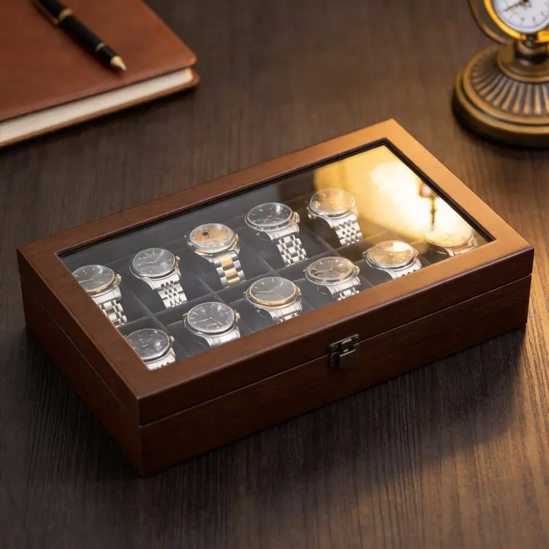 Classic Wooden Dustproof Watch Storage Display Case With Lock, Clear Glass Window Watch Box for Watch Collection & Home Decor